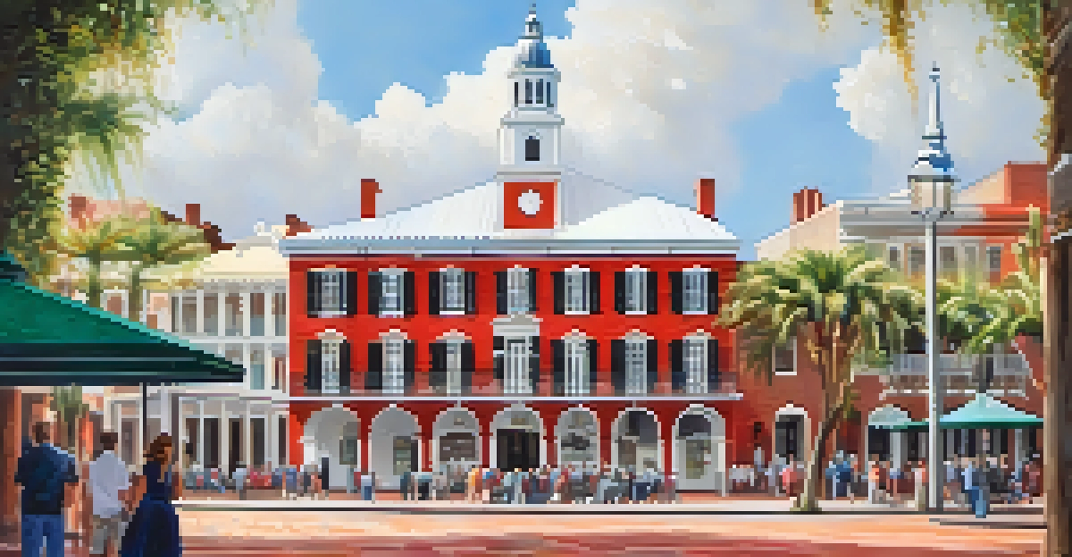 The Cabildo building with street performers and tourists in Jackson Square.