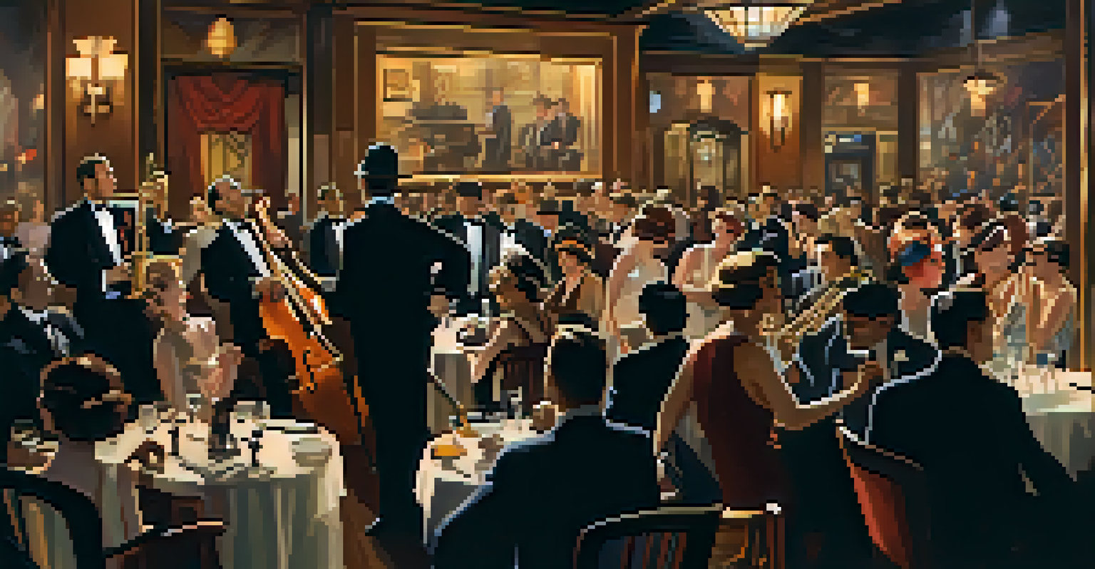 A 1920s speakeasy with a jazz band performing and patrons enjoying the vibrant atmosphere.