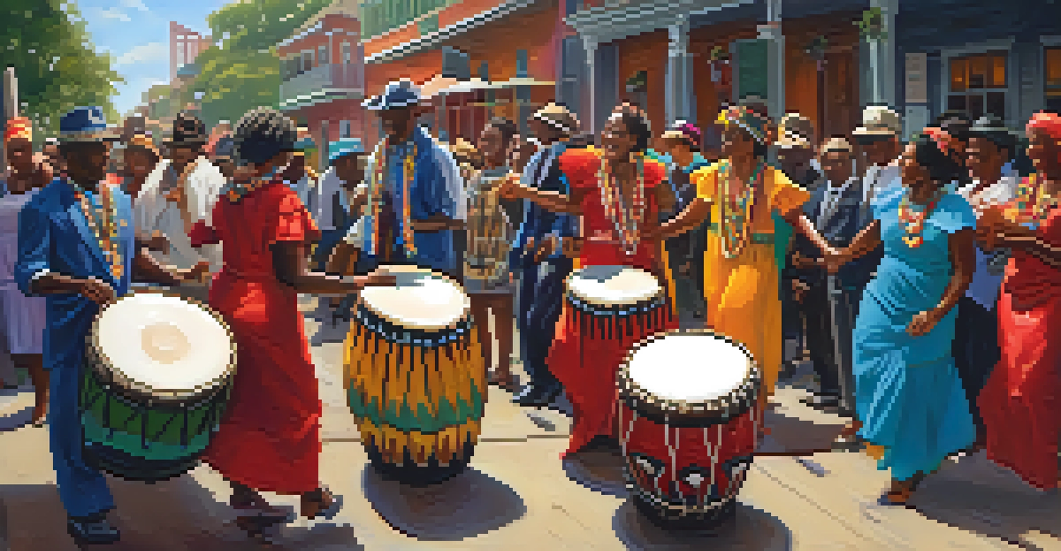 Participants dancing and playing drums during a Voodoo ceremony in New Orleans.