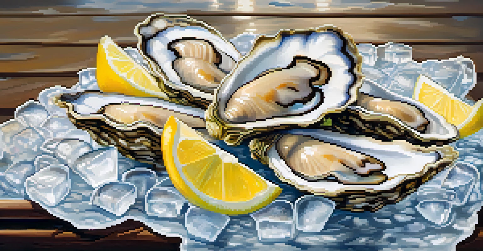 A beautiful display of fresh oysters on ice with lemon and sauce, captured in a cozy restaurant ambiance.