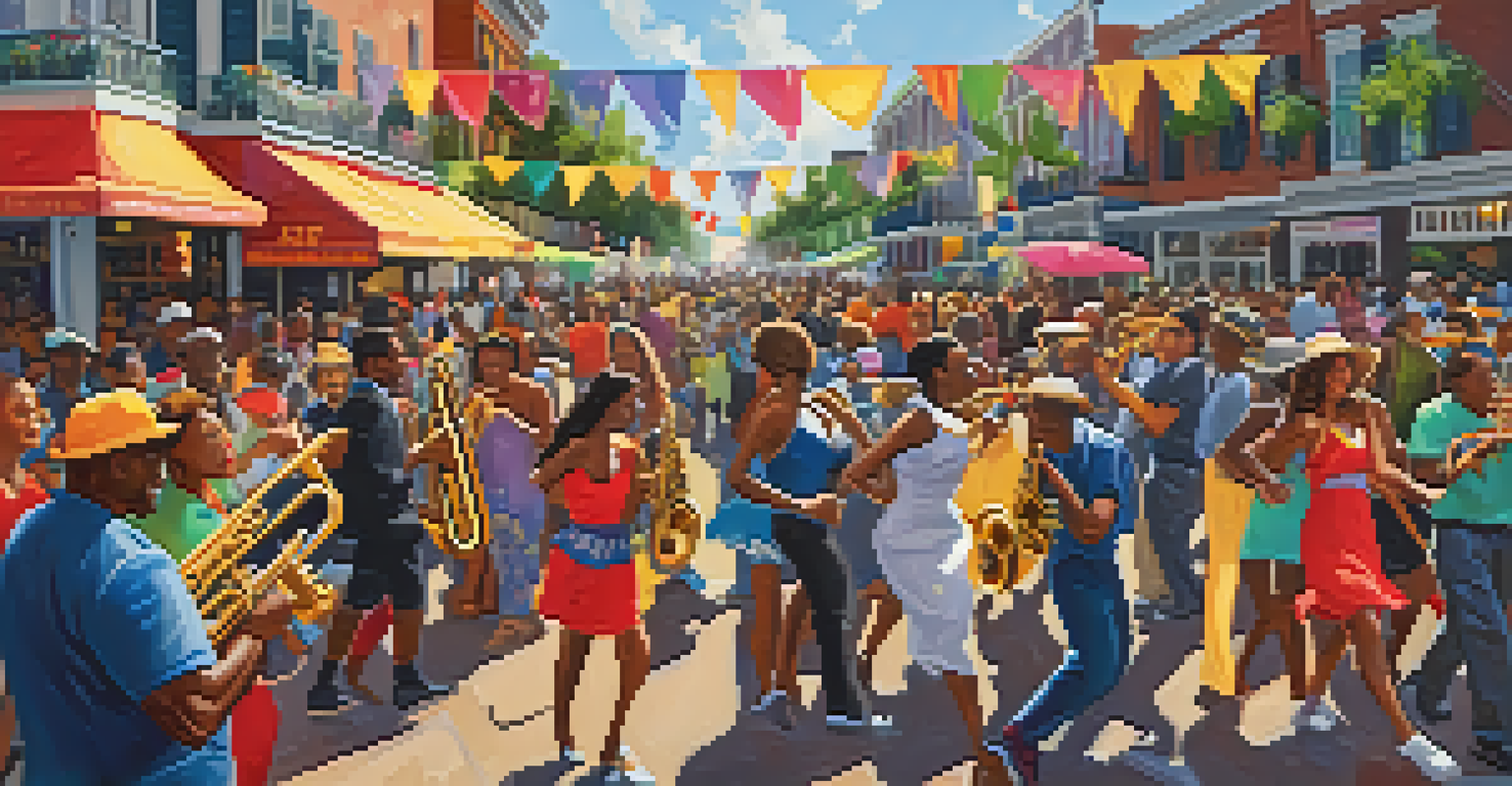 A vibrant street festival in New Orleans with jazz musicians and dancers, full of color and energy.