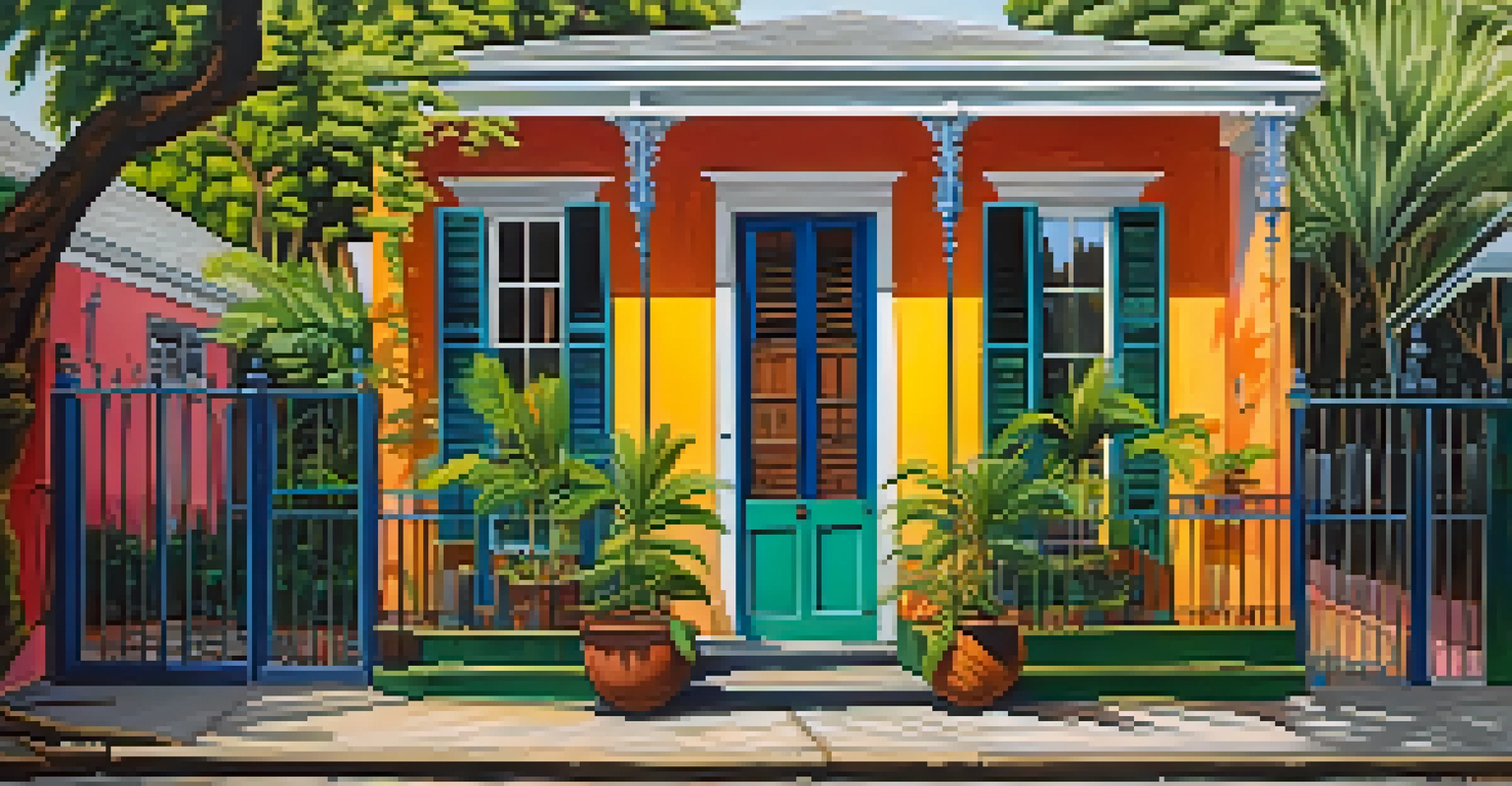 A colorful Creole townhouse in Faubourg Marigny, New Orleans, featuring vibrant colors and a serene courtyard filled with greenery.