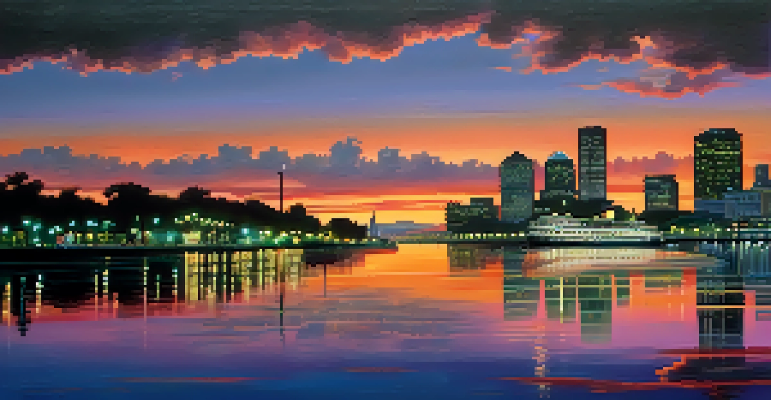 A scenic view of the Mississippi River at dusk with the New Orleans skyline in the background.