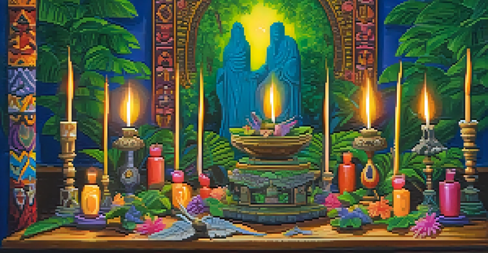A peaceful Voodoo altar with candles and flowers, surrounded by a lush green garden.