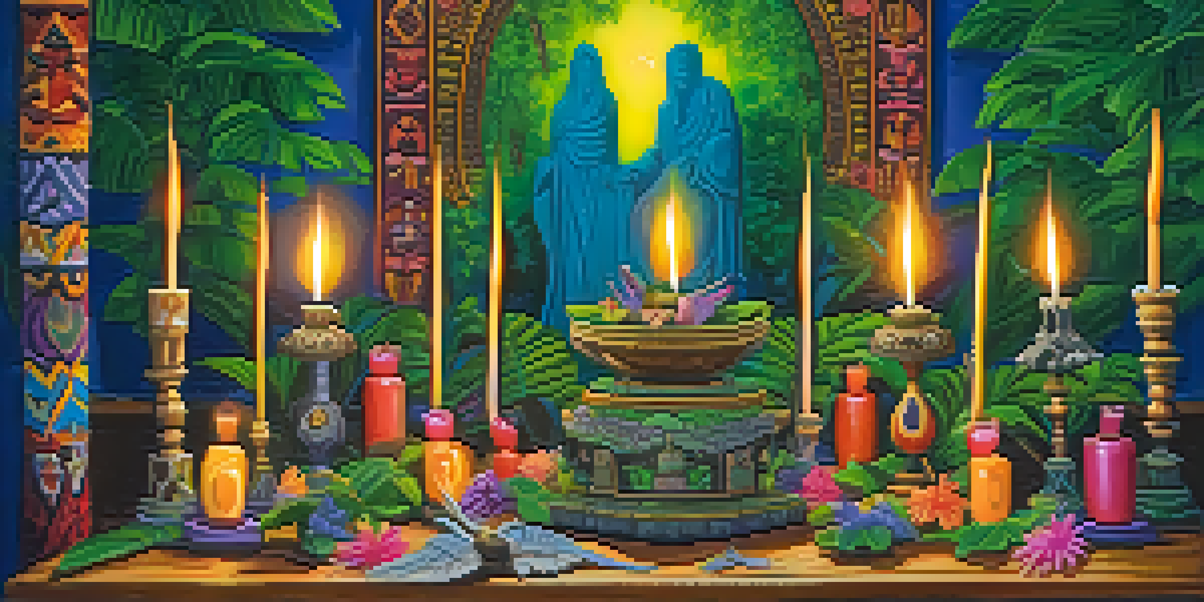 A peaceful Voodoo altar with candles and flowers, surrounded by a lush green garden.