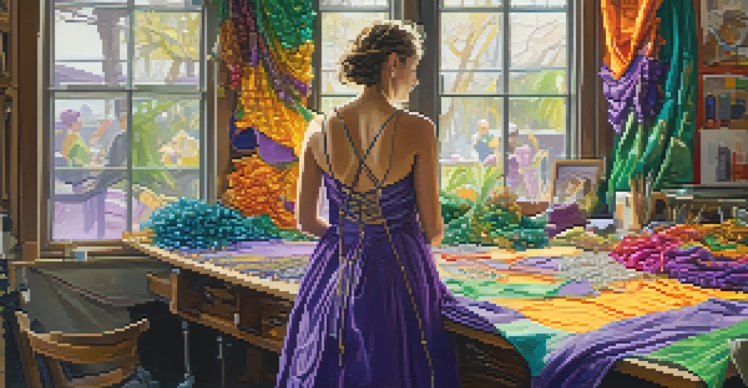 An artist designing a Mardi Gras costume in a workshop filled with colorful fabrics and creative materials.
