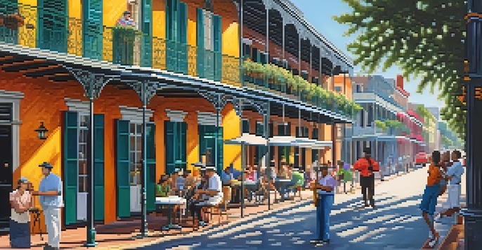 A lively street in the French Quarter with colorful buildings, jazz musicians, and people enjoying beignets.