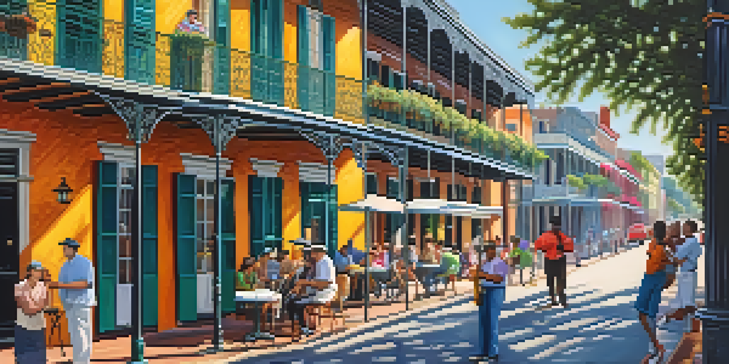 A lively street in the French Quarter with colorful buildings, jazz musicians, and people enjoying beignets.