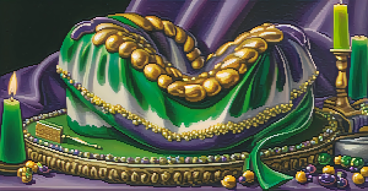 A colorful king cake adorned with Mardi Gras colors, placed on a festive table with beads and figurines, reflecting the celebration's spirit.