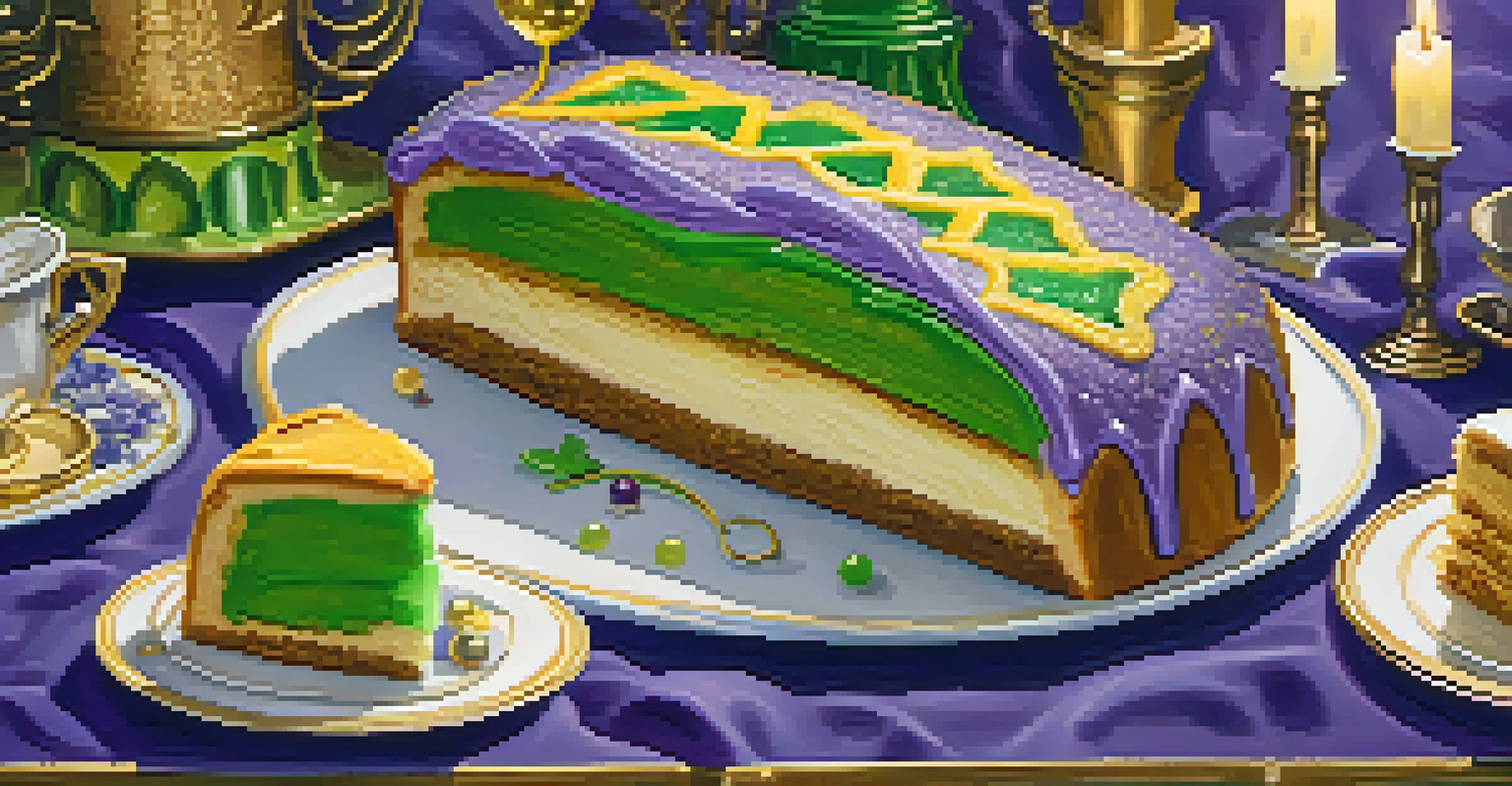A close-up of a colorful King Cake with icing and a hidden figurine, surrounded by friends celebrating.