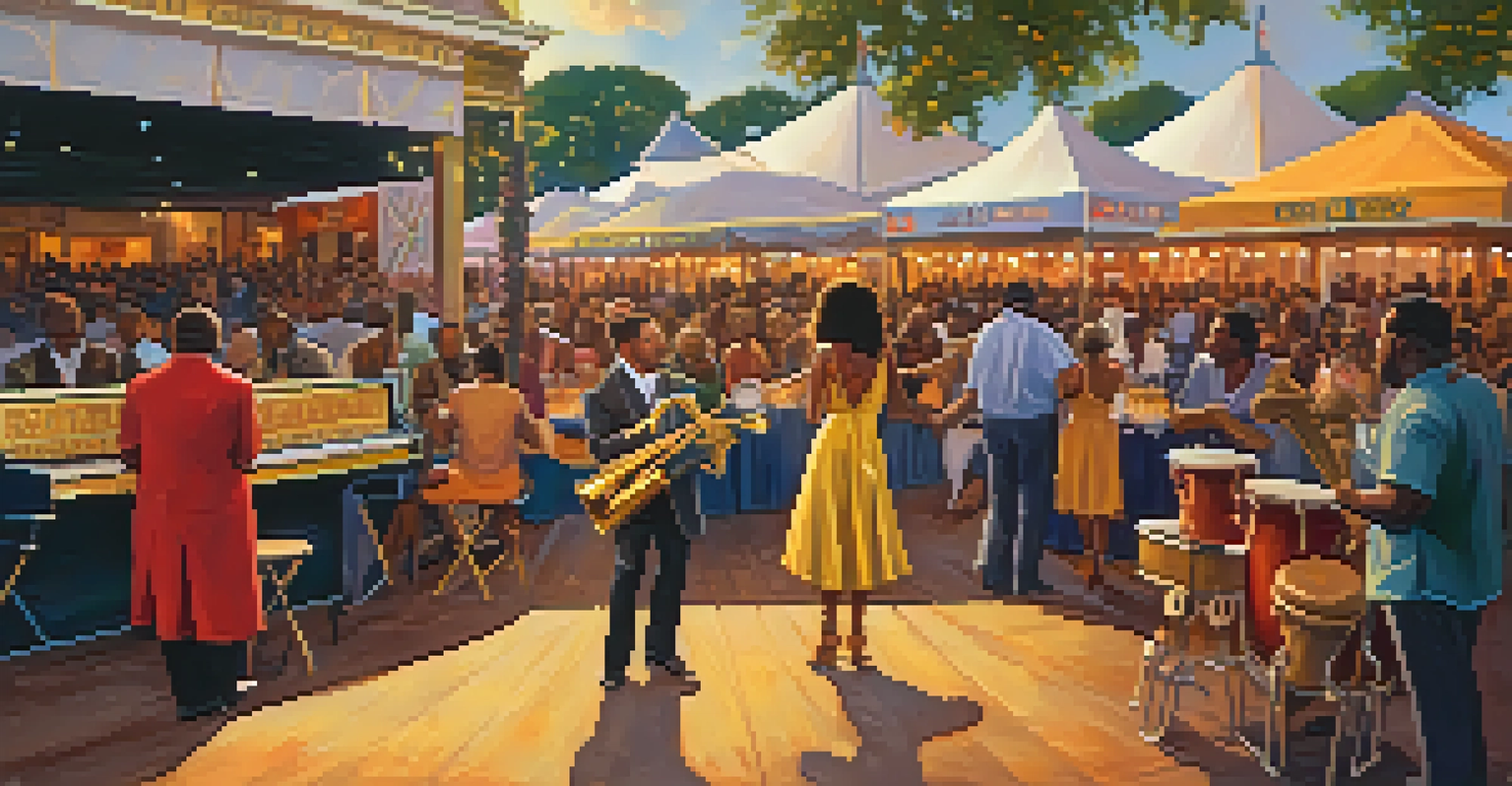 A stage at the Jazz Fest with musicians performing, surrounded by an engaged audience and food vendors under a sunset sky.