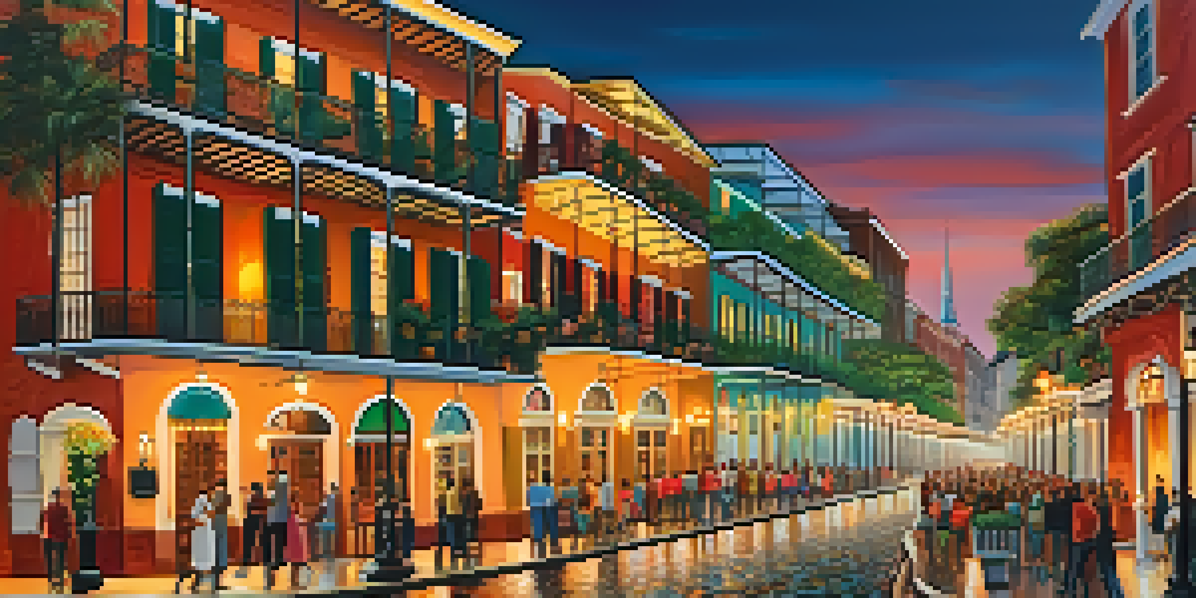 A lively street scene in the French Quarter of New Orleans featuring Spanish Colonial architecture and people in traditional attire during a festival.