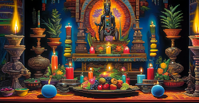 A Voodoo altar decorated with candles, veves, and offerings, illuminated by warm light.