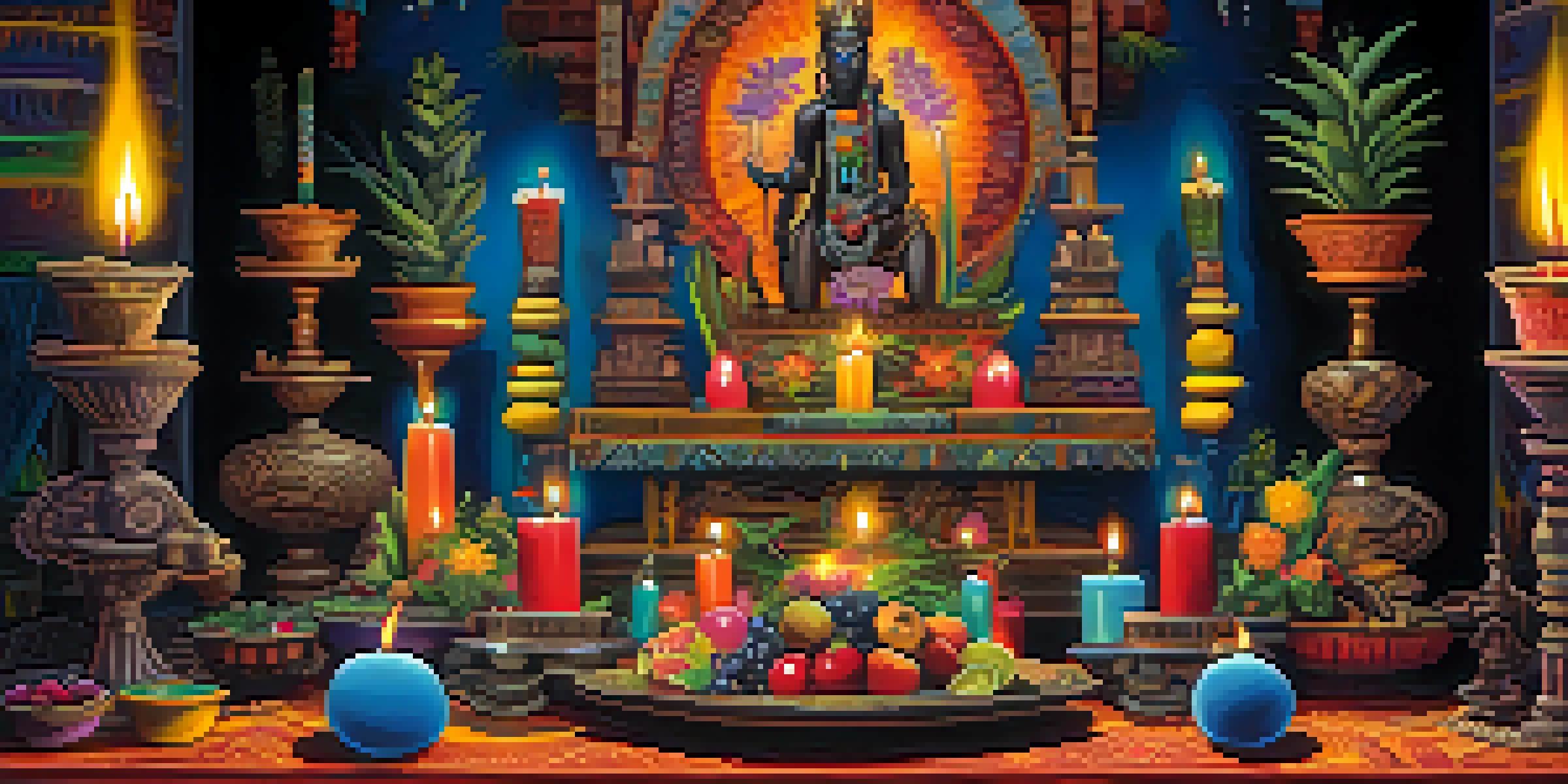 A Voodoo altar decorated with candles, veves, and offerings, illuminated by warm light.