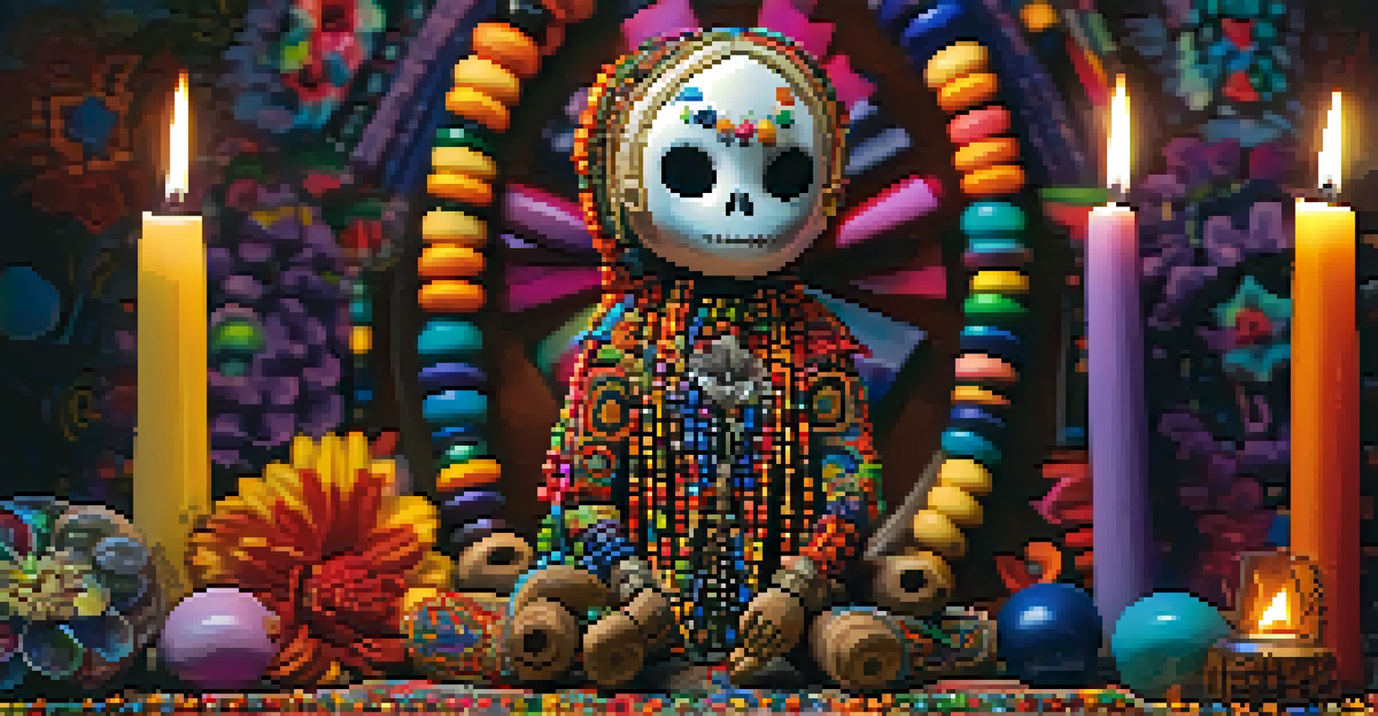 A close-up of a Voodoo doll surrounded by beads, candles, and flowers, set against a softly lit altar filled with spiritual symbols.