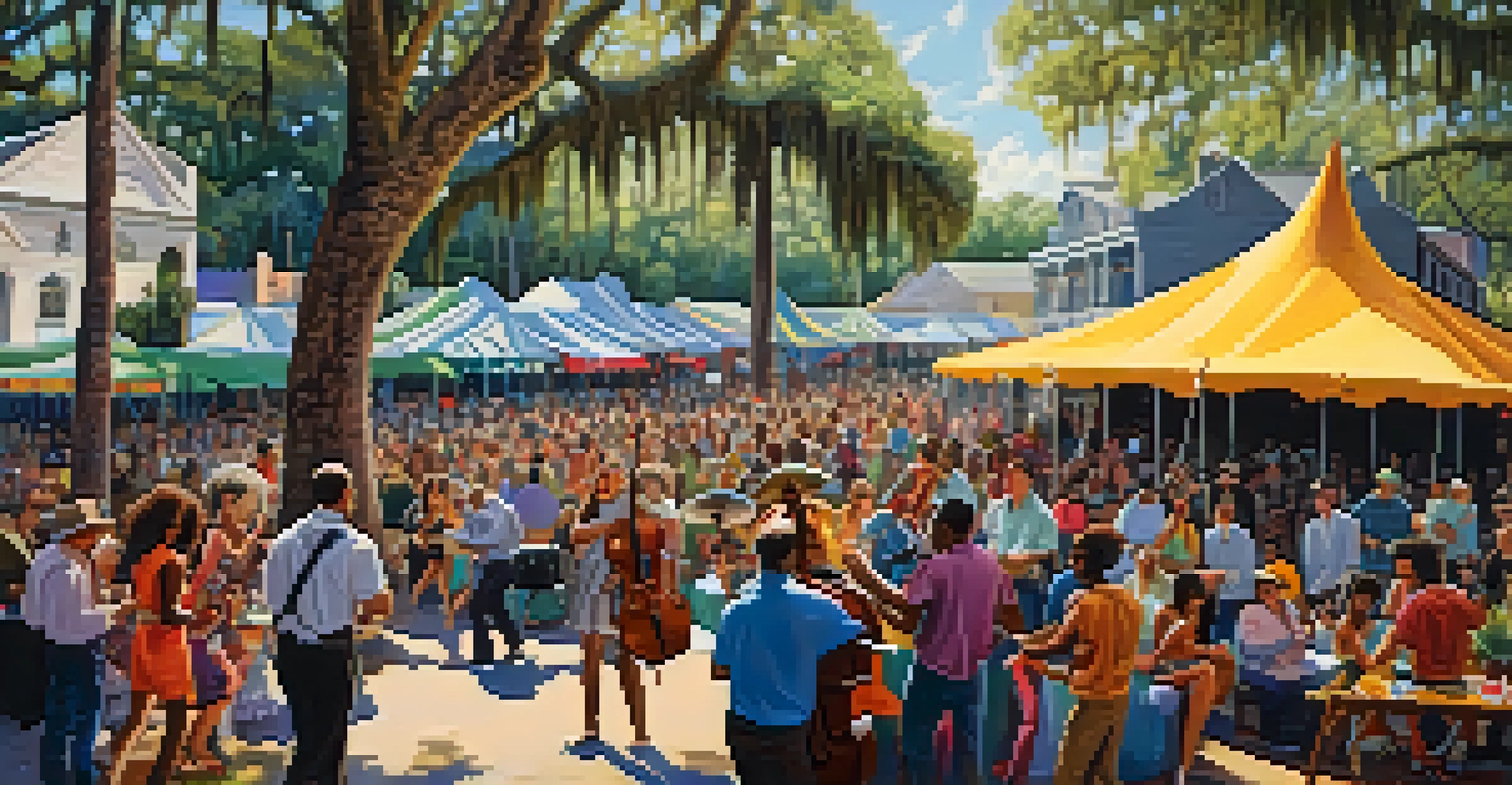 An outdoor music festival in New Orleans featuring musicians and dancers, with historic buildings and trees in the background.