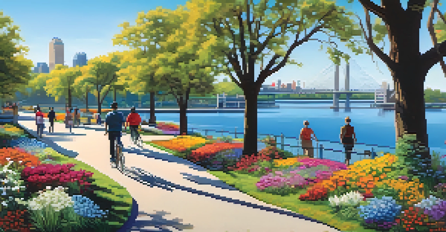 A lively view of Crescent Park with a winding path, colorful flowers, and people enjoying outdoor activities along the Mississippi River.