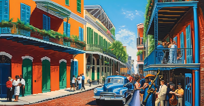 A busy street in the French Quarter with colorful buildings, musicians playing jazz, and artists displaying their work.