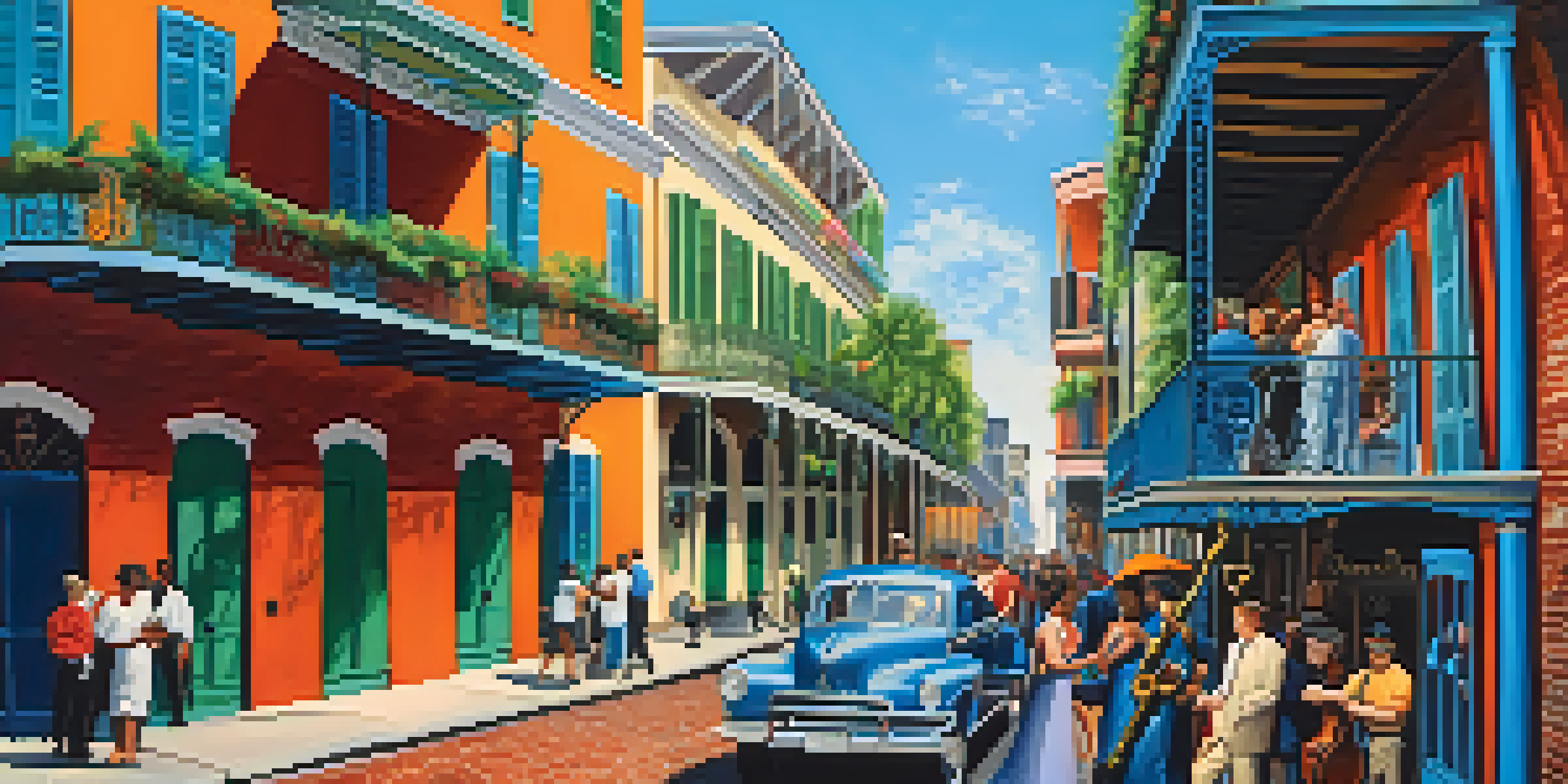 A busy street in the French Quarter with colorful buildings, musicians playing jazz, and artists displaying their work.