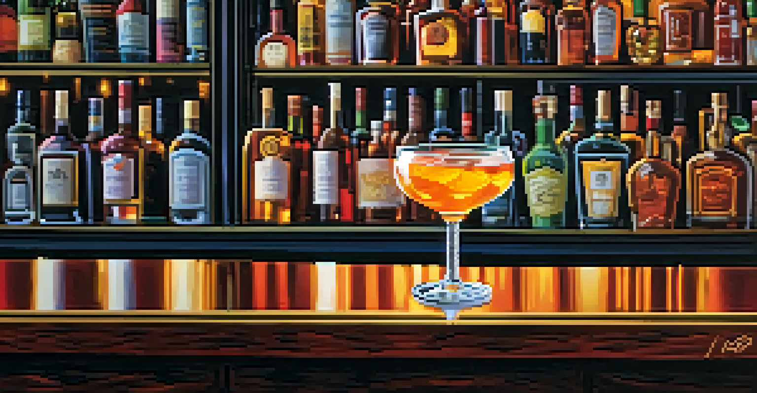 A close-up of a Sazerac cocktail with lemon peel and sugar cube, set against a softly lit bar background.