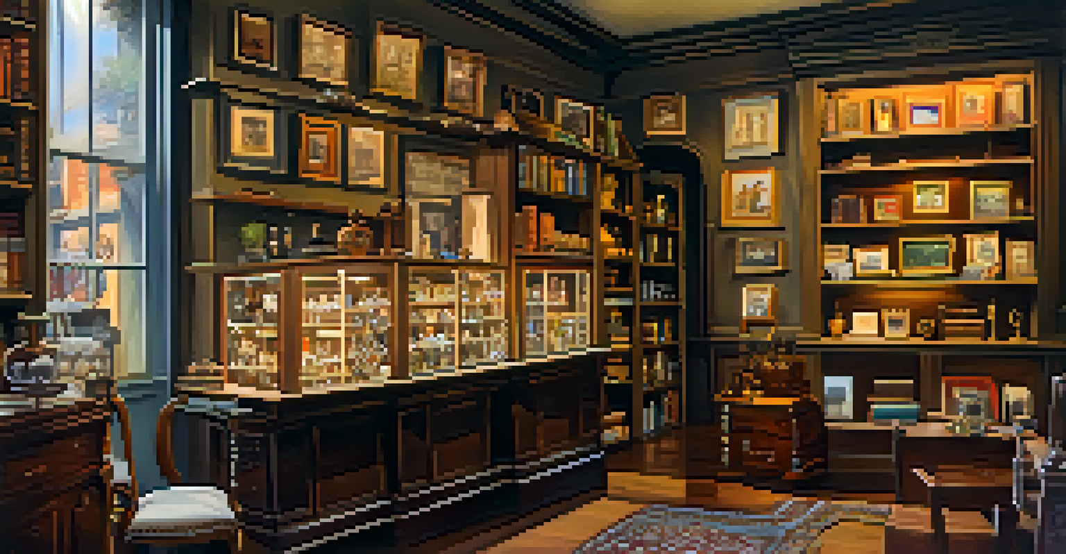 An antique shop in the French Quarter, showcasing vintage furniture and decor under warm lighting.