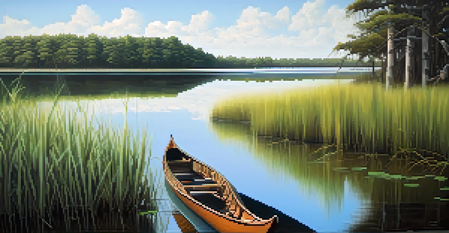 A peaceful view of Louisiana wetlands with a traditional canoe floating on calm waters, surrounded by vibrant greenery and cypress trees, illustrating the bond between Indigenous culture and nature.