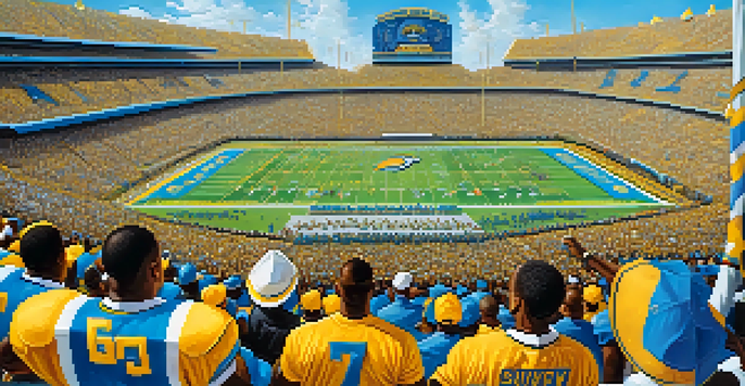 A lively football stadium filled with fans in Southern University and Grambling State University colors, cheering during the Bayou Classic.