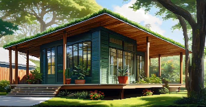 A sustainable New Orleans home with a green roof and solar panels, surrounded by plants and flowers, under bright sunlight.