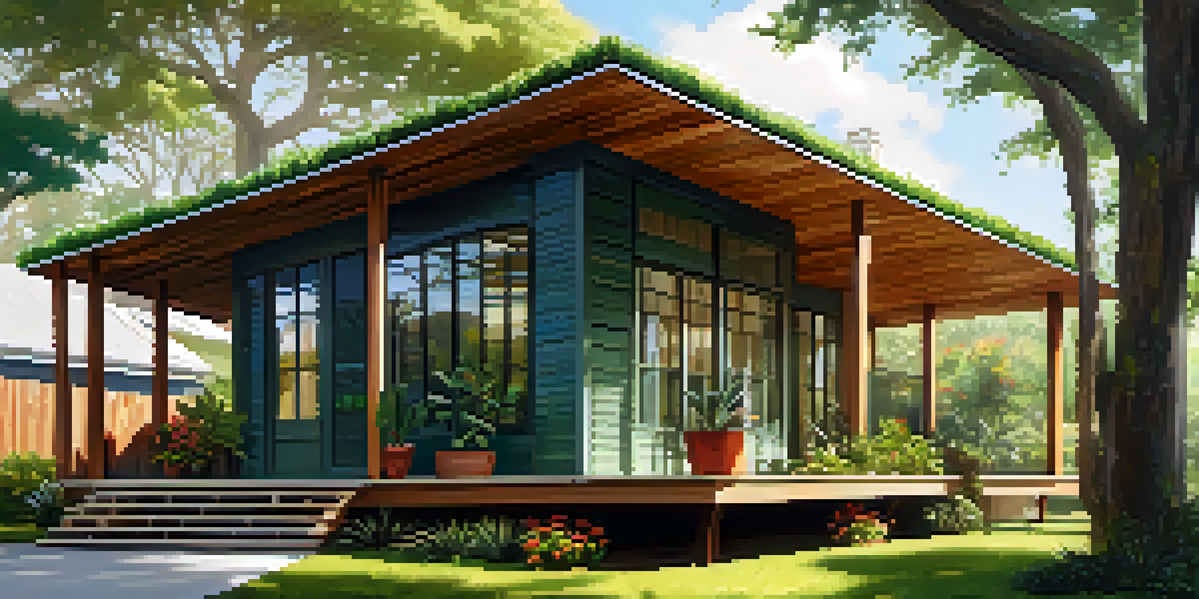 A sustainable New Orleans home with a green roof and solar panels, surrounded by plants and flowers, under bright sunlight.