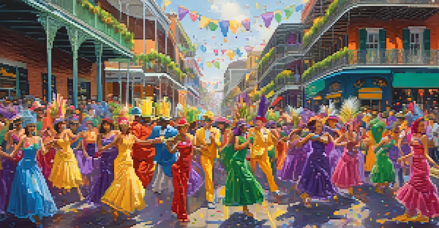 A vibrant Mardi Gras parade in New Orleans, featuring colorful floats and costumed revelers celebrating amidst historic architecture.