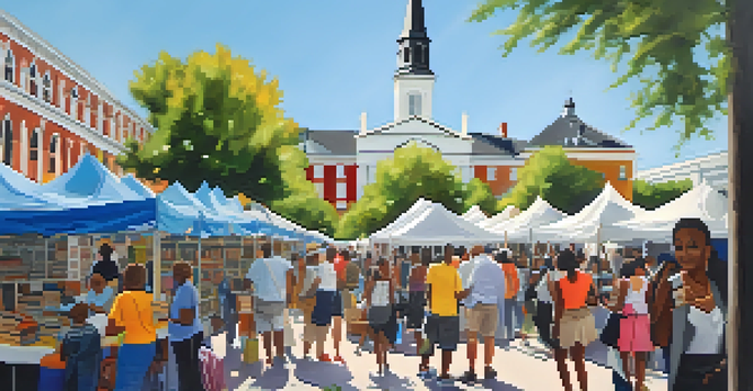 A lively outdoor book festival in New Orleans with diverse attendees, colorful tents, and historic architecture.