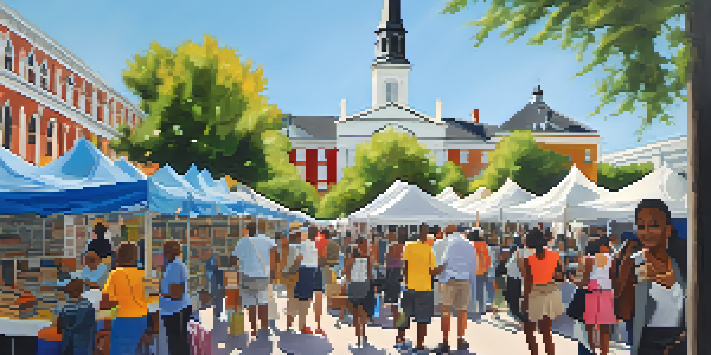 A lively outdoor book festival in New Orleans with diverse attendees, colorful tents, and historic architecture.