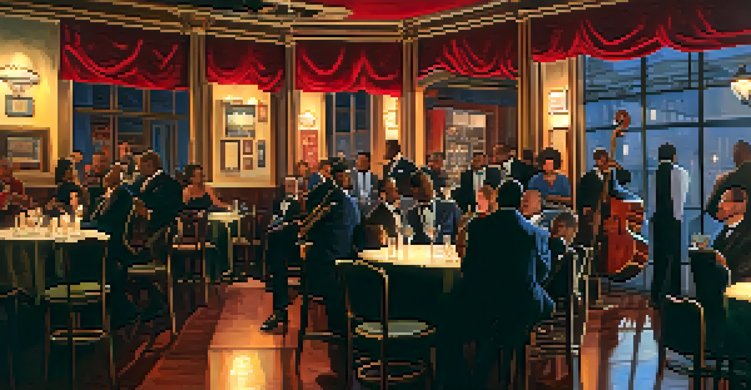 A cozy historic jazz club in New Orleans with a saxophonist on stage, red velvet curtains, and patrons at candlelit tables, reflecting a vintage atmosphere.