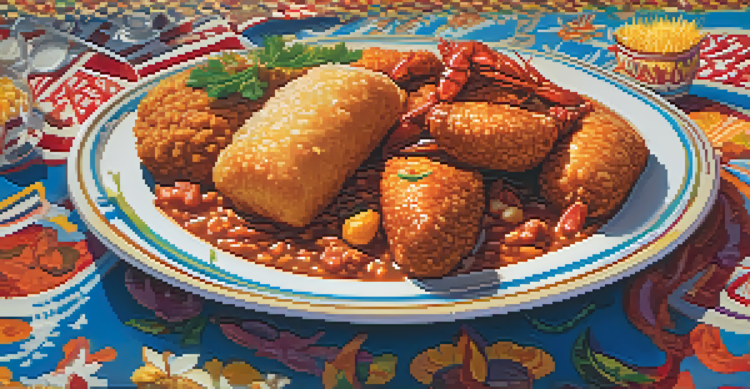 A colorful plate of New Orleans dishes including jambalaya and crawfish étouffée, with festival-goers blurred in the background.