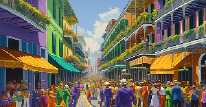 A lively Mardi Gras parade in New Orleans featuring colorful decorations, masks, and participants in elaborate costumes amidst historic architecture.