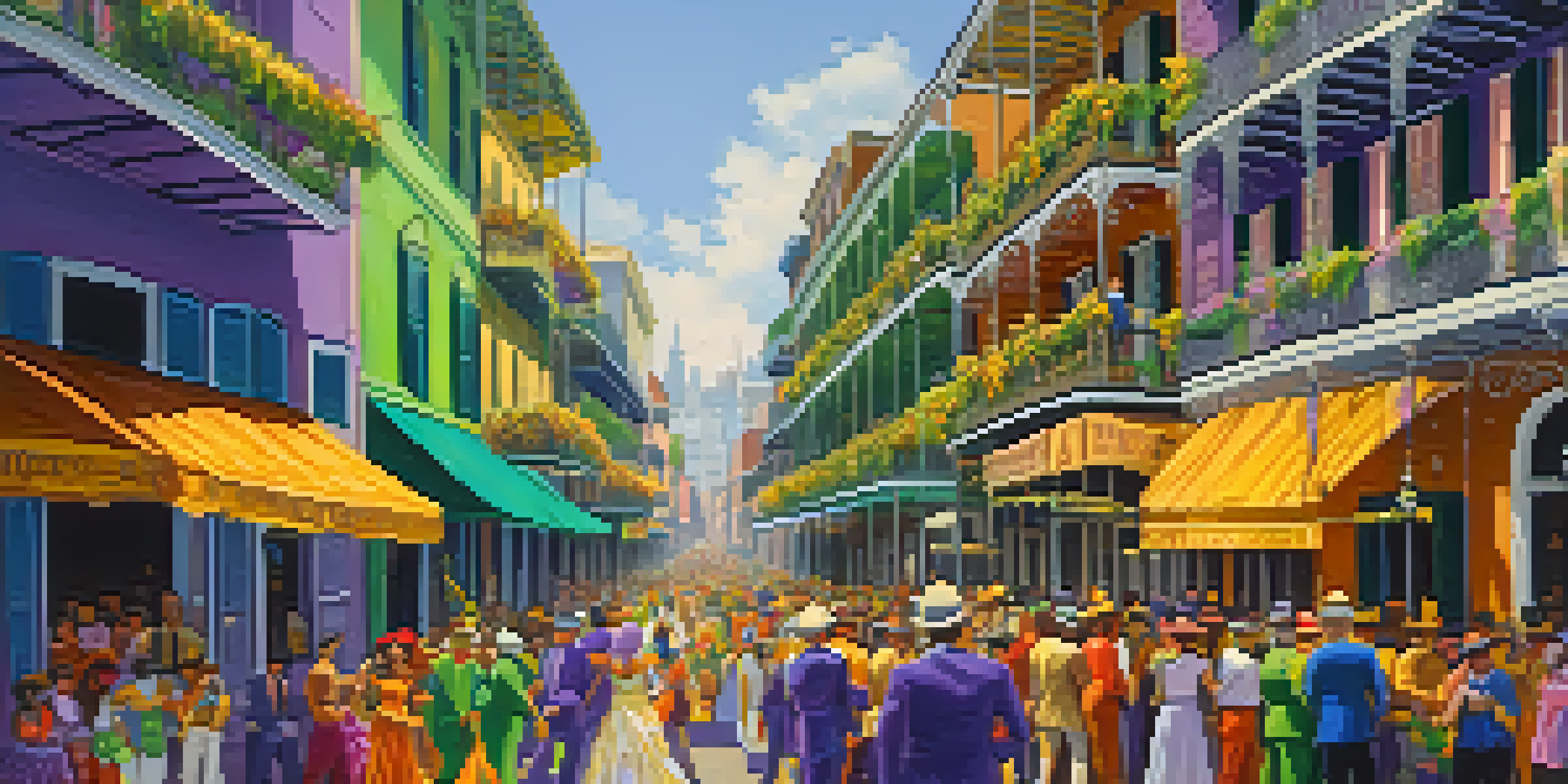 A lively Mardi Gras parade in New Orleans featuring colorful decorations, masks, and participants in elaborate costumes amidst historic architecture.