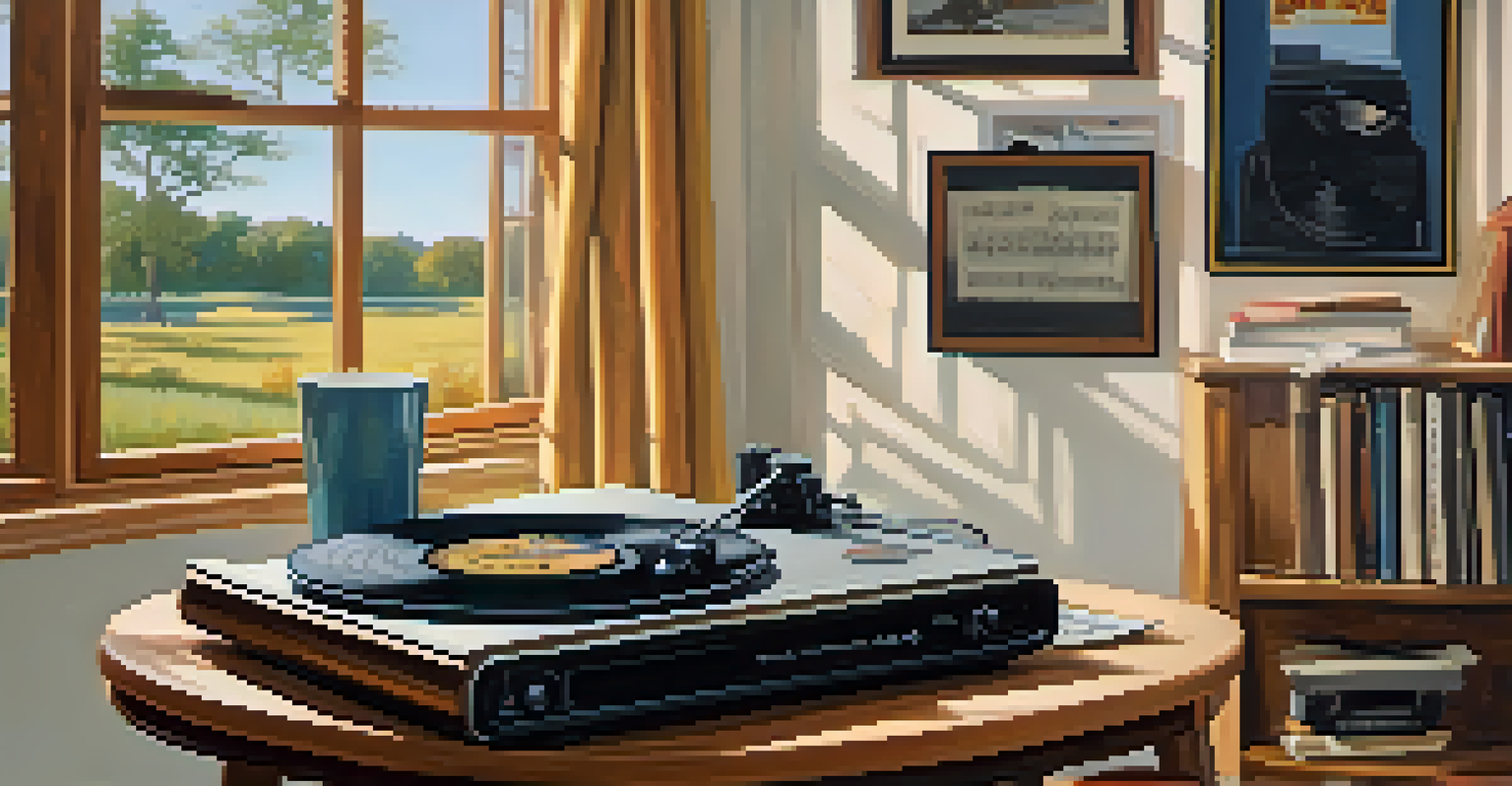 A cozy scene with a vinyl record player and Louis Armstrong's album cover, accompanied by a cup of coffee and sheet music notes.