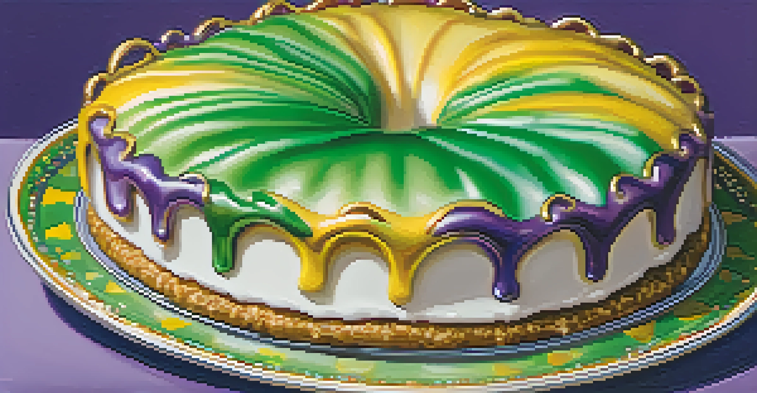 A colorful king cake decorated for Carnival season, showcasing vibrant icing and a hidden figurine on a decorative plate.