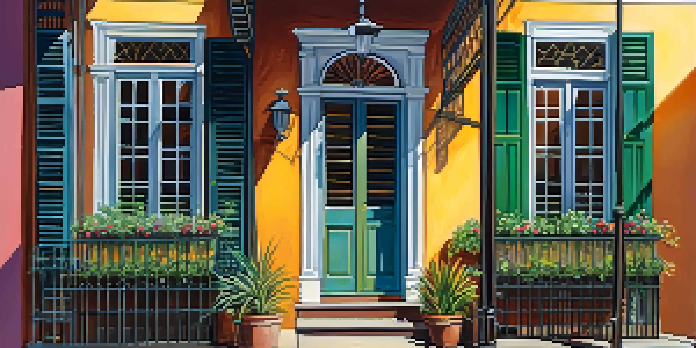 A vibrant street scene in the French Quarter of New Orleans, featuring colorful buildings and wrought-iron balconies under warm sunlight.