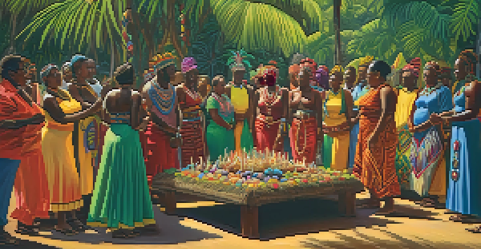 A lively Voodoo ceremony in a tropical setting with colorful participants, an altar filled with offerings, and drummers playing music.