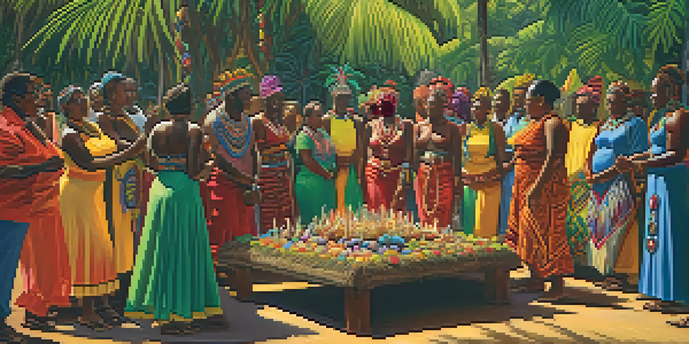 A lively Voodoo ceremony in a tropical setting with colorful participants, an altar filled with offerings, and drummers playing music.