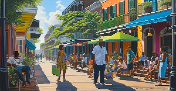 A colorful street scene in New Orleans' French Quarter with an artist painting Voodoo symbols on a canvas, surrounded by greenery and vibrant buildings.