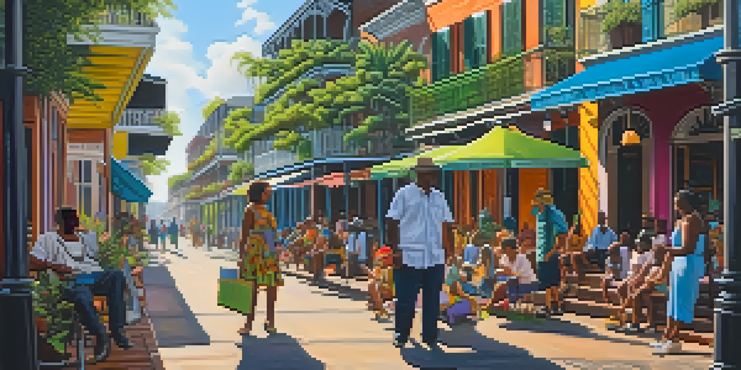 A colorful street scene in New Orleans' French Quarter with an artist painting Voodoo symbols on a canvas, surrounded by greenery and vibrant buildings.