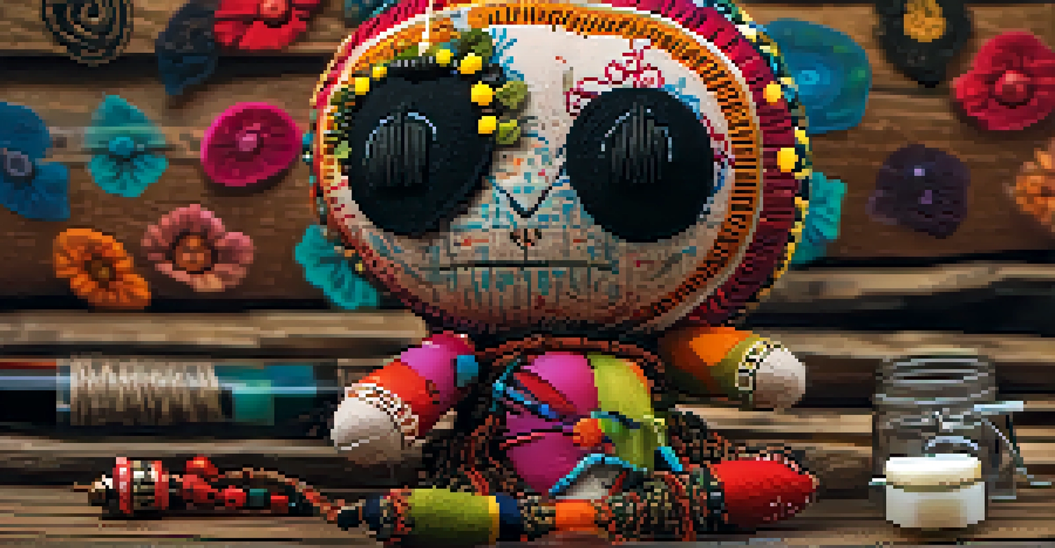 A close-up of a colorful Voodoo doll with intricate designs and charms against a wooden background.