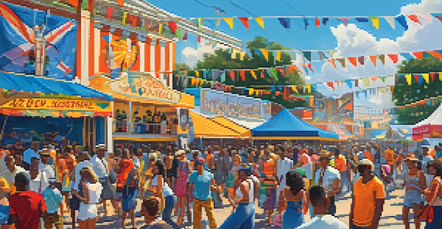 A vibrant festival scene at the New Orleans Jazz & Heritage Festival with a crowd enjoying music and food stalls.