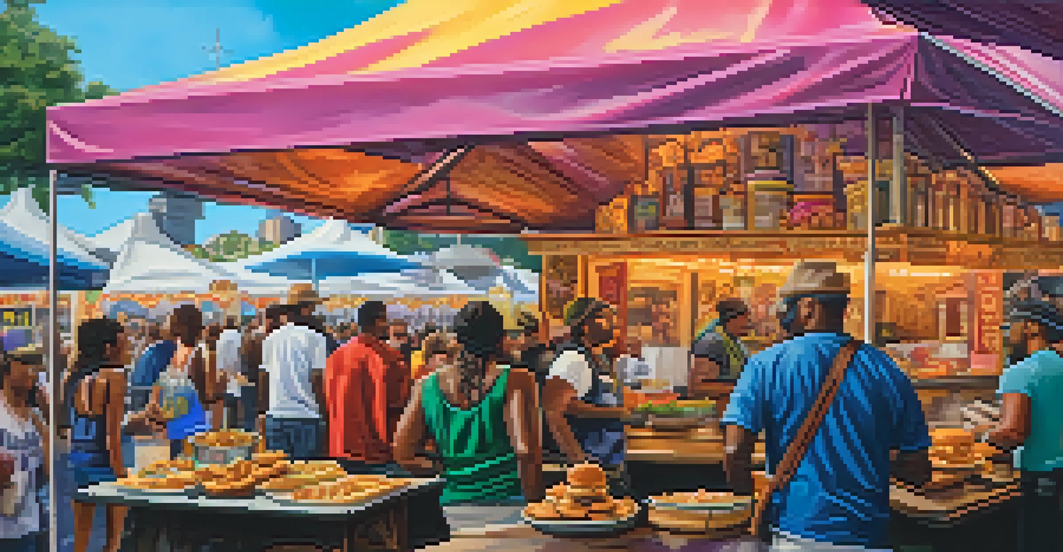 Close-up of a food vendor showcasing New Orleans cuisine at the Voodoo Music + Arts Experience, with colorful artwork in the background.