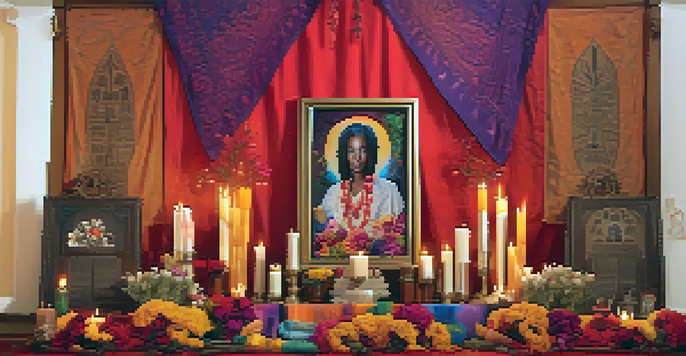 An ancestral altar with flowers, candles, and photographs, creating a warm and spiritual atmosphere.