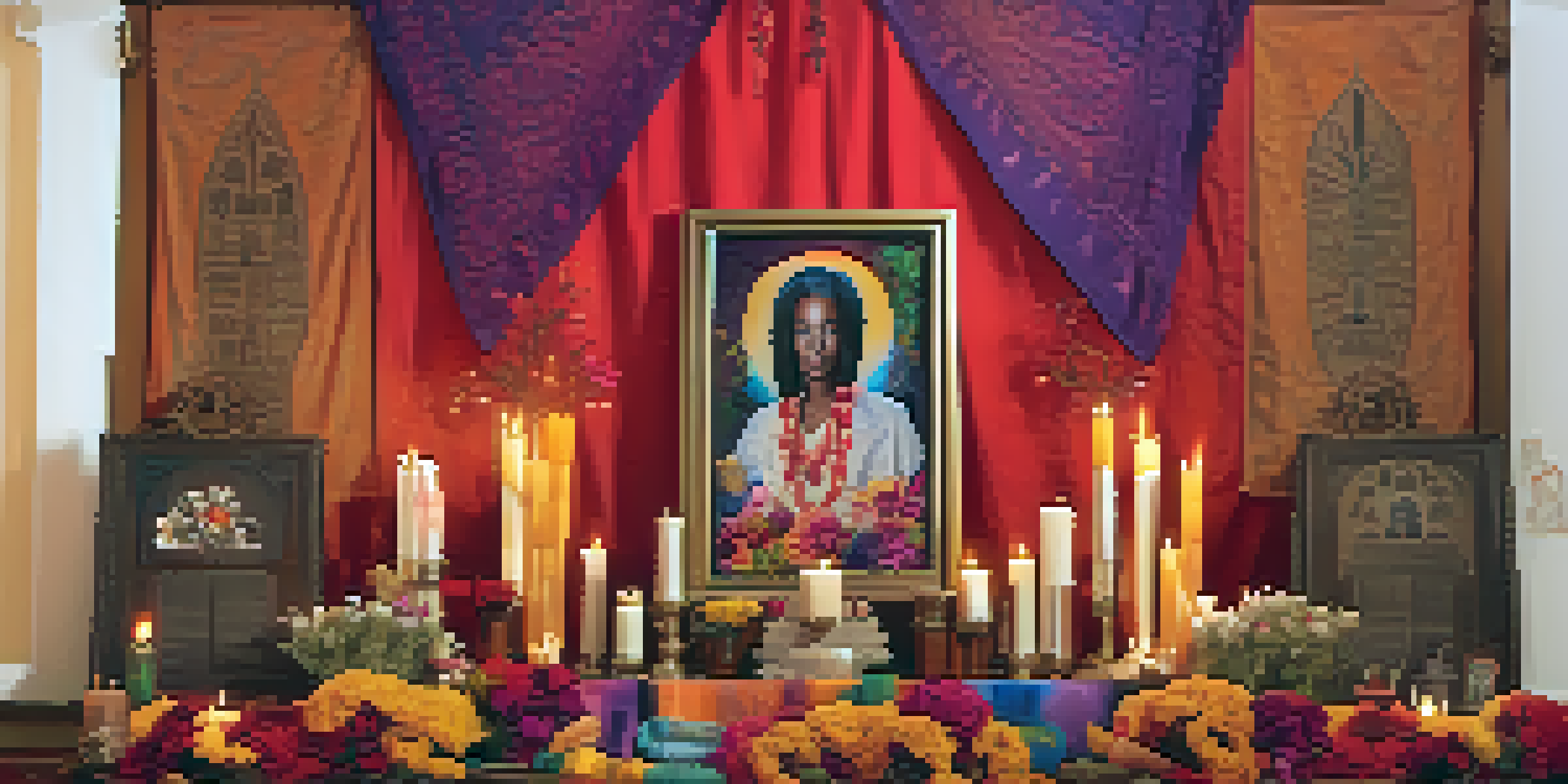 An ancestral altar with flowers, candles, and photographs, creating a warm and spiritual atmosphere.