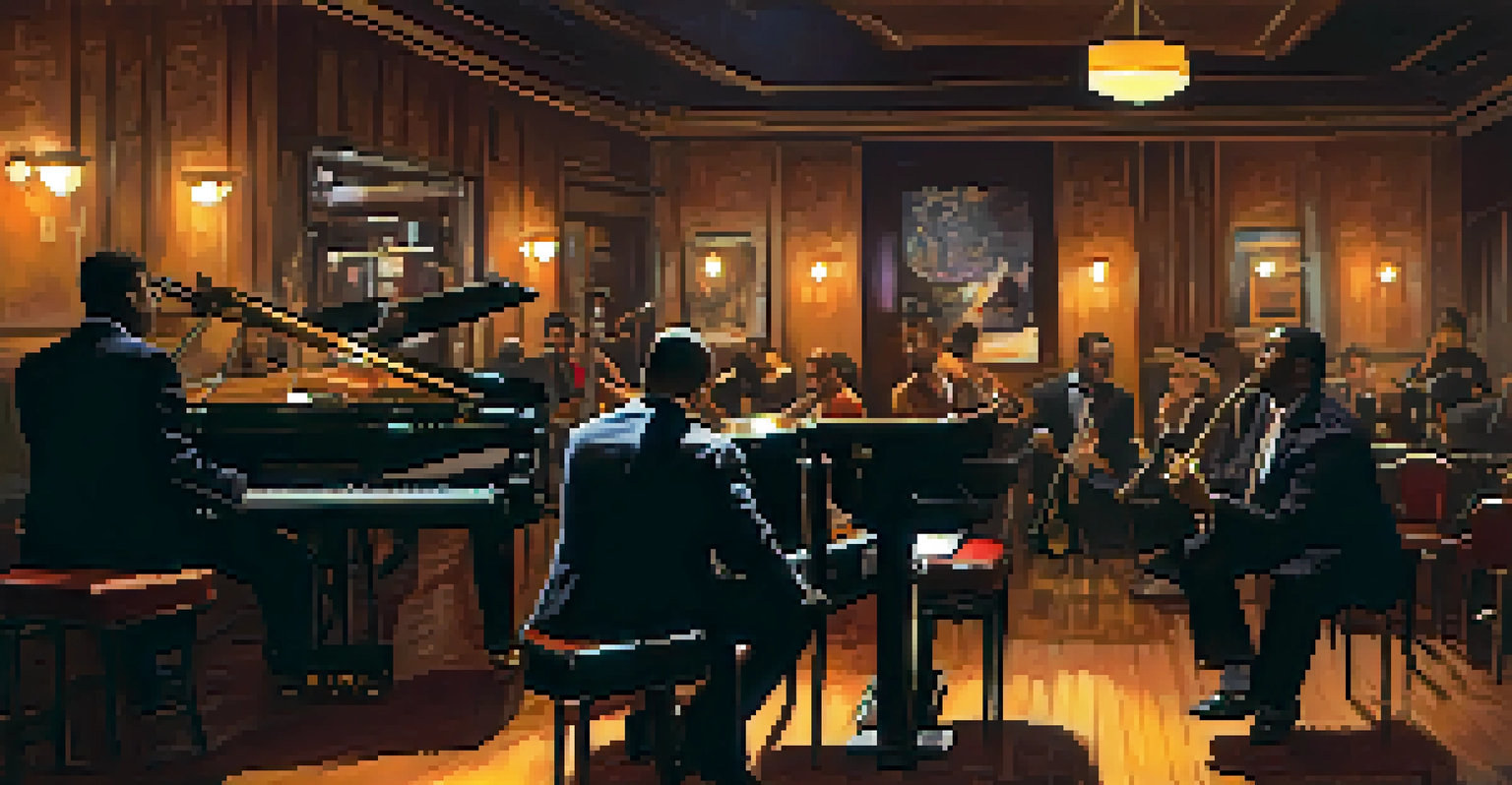 An intimate jazz club with a trio of musicians performing under warm stage lights, with patrons enjoying the music at small tables.