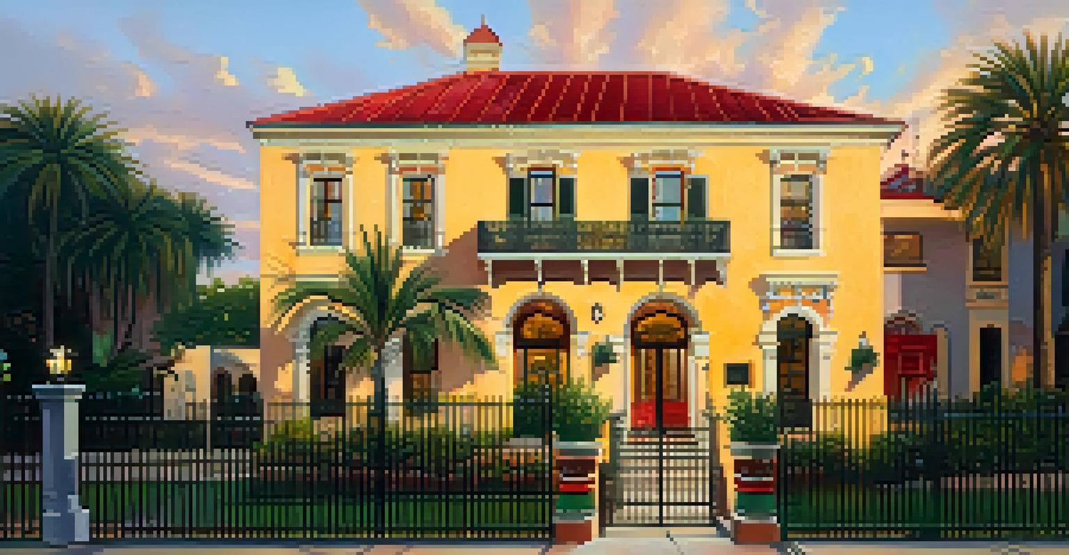 A stunning Spanish colonial revival building in Jackson Square, New Orleans, with a warm sunset glow highlighting its architectural features.